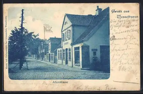 AK Wesselburen, Alleestrasse mit Geschäftshaus Ch. Peters