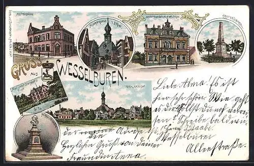 Lithographie Wesselburen, Gasthaus Altdeutsche Wein- u. Bierstube, Fabrikant Schröders Villa, Söderstrasse mit Kirche