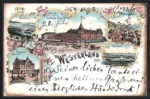 Lithographie Westerland /Sylt, Hotel zum Deutschen Kaiser A. Hast, Brandung, Burgenbau am Strande