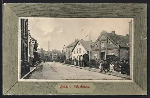 AK Weener, Feldstrasse mit Fabrikschlot, Rahmen