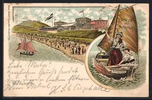 Lithographie Norderney, Giftbude, 2 Frauen in einem Segelboot