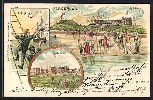 Lithographie Norderney, Leute am Strand vor der Giftbude, winkende Matrosen, Seehospiz