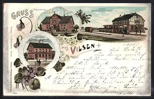 Lithographie Vilsen, Teilansicht, Bahnhof Bruchhausen-Vilsen, Superindentur, Kaiserliches Postamt