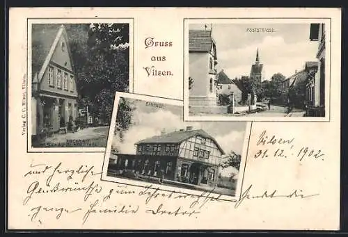 AK Vilsen, Bahnhof, Poststrasse, Kirchplatz mit Blick auf die Brauttür