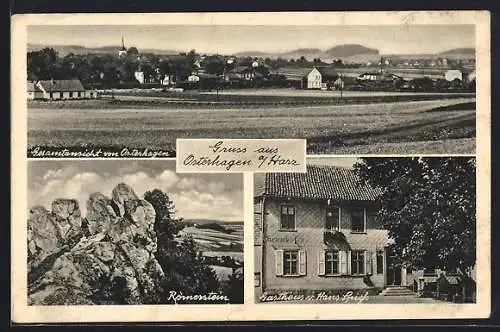 AK Osterhagen a. Harz, Gasthaus v. Hans Spiess, Römerstein, Gesamtansicht