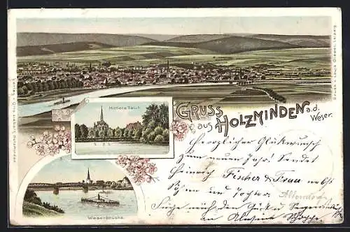 Lithographie Holzminden, Weserbrücke, Mittlerer Teich, Totalansicht mit Kirche