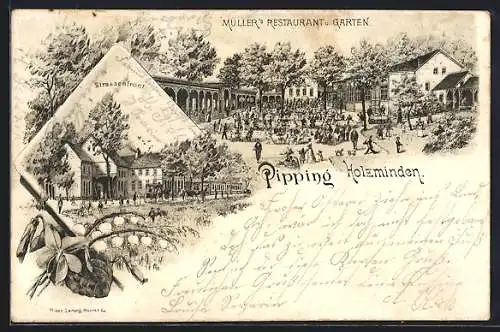 Lithographie Holzminden, Pipping, Müller`s Restaurant und Garten, Strassenfront und Hofansicht