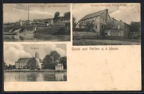 AK Hehlen a. d. Weser, Gasthof Wesertal, Hehlener Kalk- u. Mergelwerke, Schloss