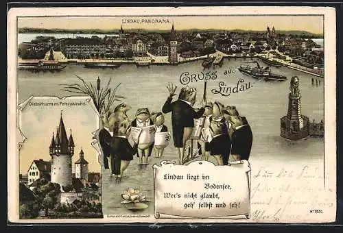 Lithographie Lindau / Bodensee, Froschchor, Diebsturm mit Peterskirche, Panorama