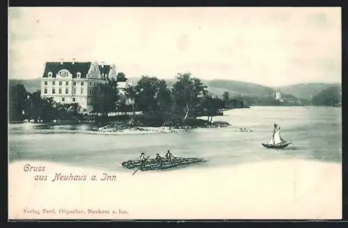 AK Neuhaus / Inn, Gebäude und Floss auf dem Inn