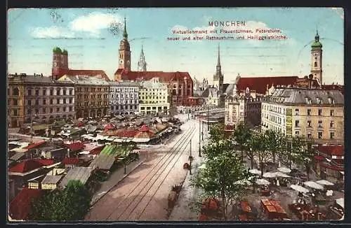 AK München, Viktualienmarkt mit Frauentürmen, Petersturm & Rathausturm