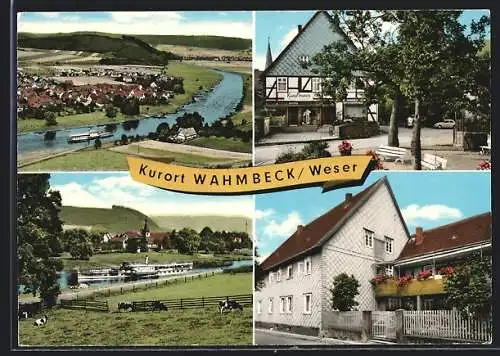 AK Wahmbeck / Weser, Pension Inge Küchemann, Ortsansicht mit Dampfer, Kaufhaus