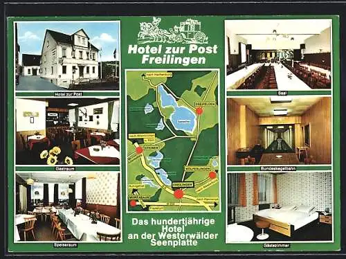 AK Freilingen / Westerwald, Hotel zur Post, Blick in Gastraum, Saal und Bundeskegelbahn