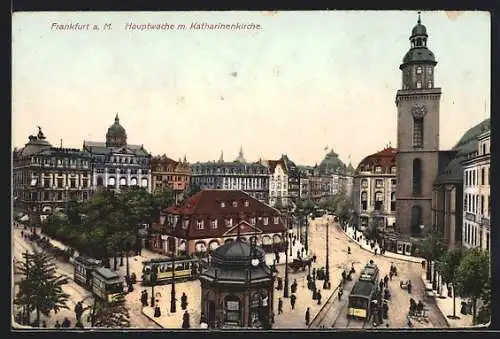 AK Frankfurt, Hauptwache mit Katharinenkirche und Strassenbahnen