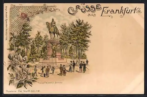 Lithographie Frankfurt, Partie am Reiterdenkmal v. Wilhelm I.