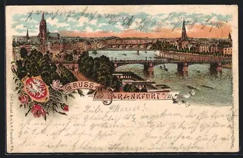 Lithographie Frankfurt a / M., Teilansicht mit Brücke