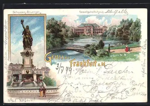 Lithographie Frankfurt, Schützen-Brunnen, Gesellschaftshaus