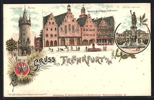 Lithographie Alt-Frankfurt, Eschenheimer Thurm, Römer und Gerechtigkeits-Brunnen, Schützenbrunnen