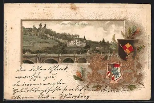 Passepartout-Lithographie Würzburg, Kapelle, geprägte Wappen