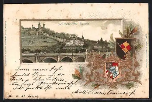 Passepartout-Lithographie Würzburg, Kapelle, geprägte Wappen