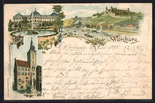 Lithographie Würzburg, Schloss mit Springbrunnen, Rathaus, Panorama