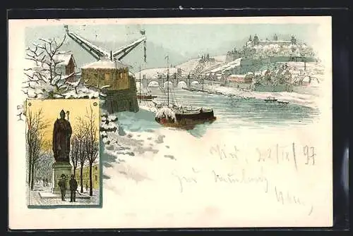 Winter-Lithographie Würzburg, Landschaft mit Festung und Fluss, Bischofsdenkmal