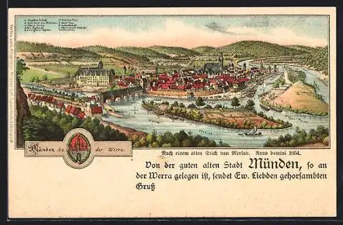 Lithographie Münden / Werra, Panoramaansicht aus dem Jahre 1654