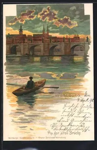 Lithographie Würzburg, Ruderpartie an der alten Brücke