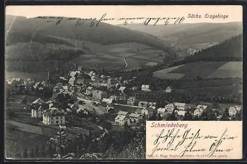 AK Schmiedeberg / Erzg., Teilansicht mit Kirche