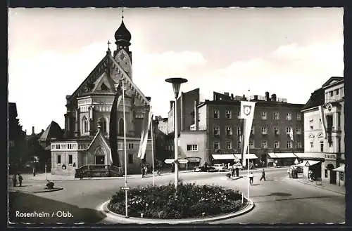 AK Rosenheim / Bayern, Marktplatz mit Kirche und Geschäften