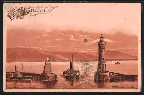 Lithographie Lindau / Bodensee, Hafeneinfahrt mit Leuchtturm und Dampfer