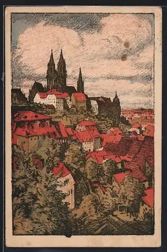 Steindruck-AK Meissen / Sa., Ortsansicht mit Blick auf Kirche