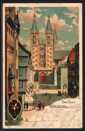 Lithographie Würzburg, Strassenpartie mit Domblick