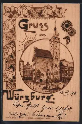 Holzbrand-Imitations-AK Würzburg, Grafen Eckards-Thurm und Brunnen aus der Vogelschau, Ornamente