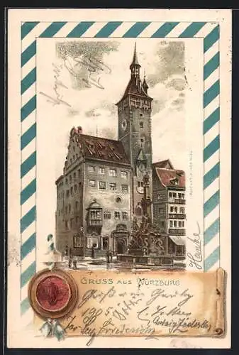 Präge-Lithographie Würzburg, Grafen Eckardsthurm mit Brunnen, Siegel, Blauweisse Banderole