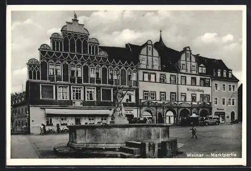 AK Weimar / Thüringen, Marktpartie mit Weinhandlung und Brunnen