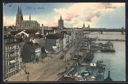 AK Köln a. Rhein, Strasse am Laystapel mit Rheinufer