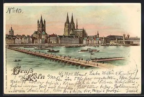 Lithographie Köln, Blick über die Rheinbrücke hinweg auf die Stadt