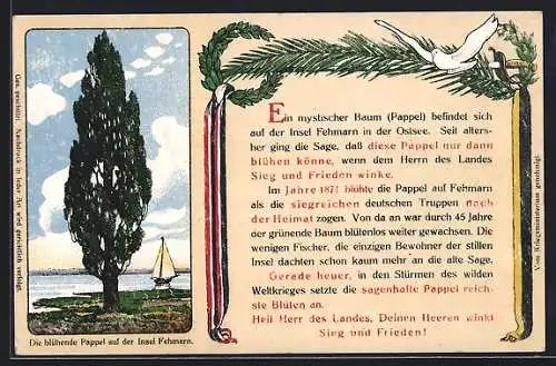 AK Fehmarn, Die blühende Pappel auf der Insel Fehmarn, Friedenstaube & Zweibund-Fahnenbänder, Sage von 1870 /71