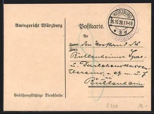 AK Würzburg, Korrespondenzkarte des Amtsgerichts