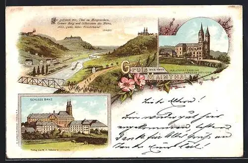 Lithographie Staffelstein / Mainthal, Schloss Banz, Wallfahrtskirche Vierzehnheiligen, Ortspanorama
