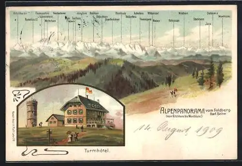 Lithographie Feldberg / Schwarzwald, Turmhotel mit Alpenpanorama