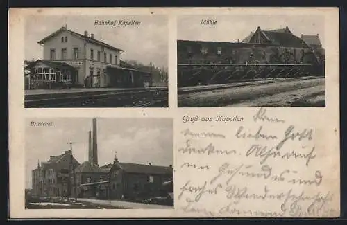 AK Kapellen / Erft, Bahnhof, Wassermühle, Brauerei