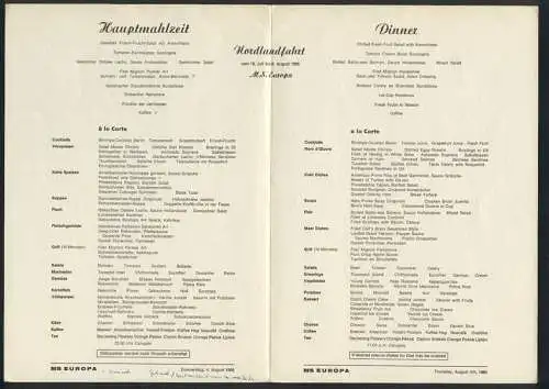 Menükarte 1966, M.S. Europa, Nordlandfahrt, Deckblatt Alte Deutsche Gasthausschilder Zum Greifen Dinkelsbühl