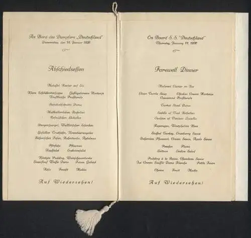 Menükarte Abschiedsessen 1926, Dampfer Deutschland, Deckblatt Entwurft Hans Bohrdt, Hamburg-Amerika-Linie