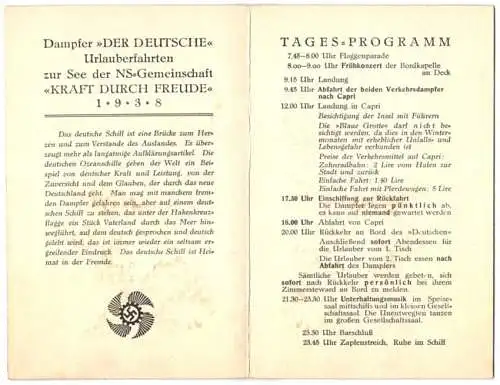 Menükarte 1938, Dampfer der Deutsche NS Gemeinschaft Kraft durch Freude KdF, 