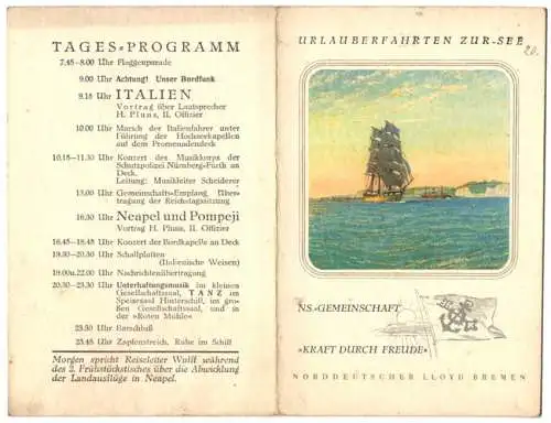 Menükarte Italienfahrt 1938, Dampfer Der Deutsche, NS Gemeinschaft Kraft durch Freude KdF