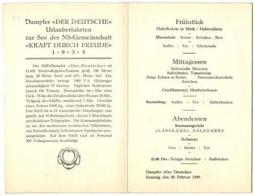 Menükarte Italienfahrt 1938, Dampfer Der Deutsche, NS Gemeinschaft Kraft durch Freude KdF