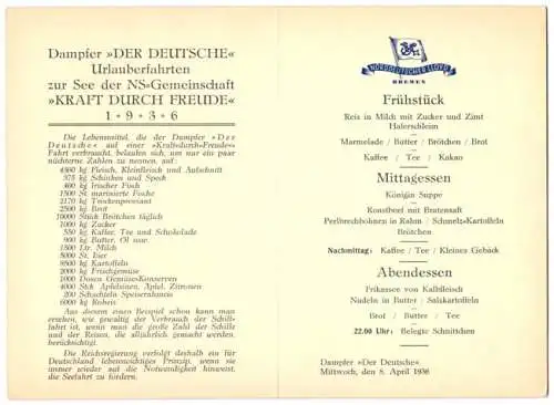 Menükarte 1936, Dampfer der Deutsche, NS. Gemeinschaft Kraft durch Freude, , Deckbaltt Roland von Bremen