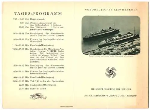 Menükarte 1936, Dampfer Der Deutsche, NS Gemeinschaft Kraft durch Freude, , Deckblatt Deutscher Bremen